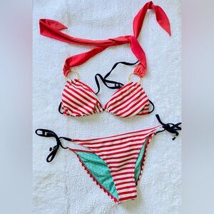 Guess Triangle Bikini Sm Red White Striped Scrunch Bum XS